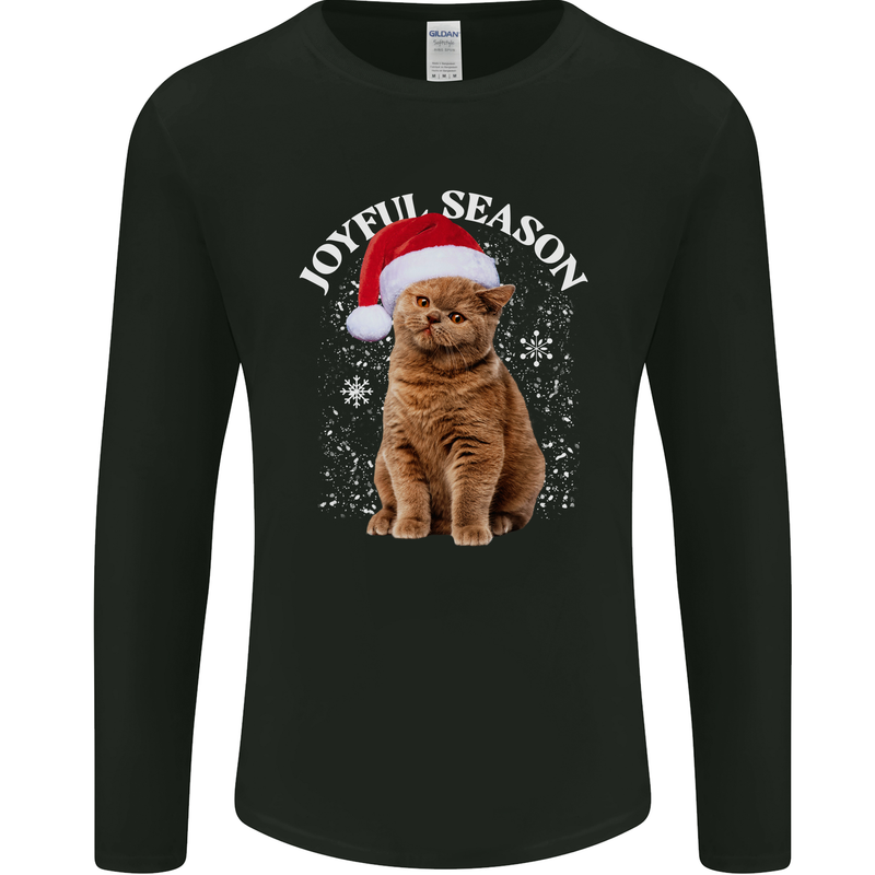 Joyful Season Christmas Funny Cat Xmas Mens Long Sleeve T-Shirt Black