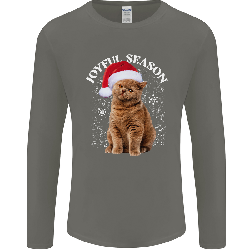 Joyful Season Christmas Funny Cat Xmas Mens Long Sleeve T-Shirt Charcoal