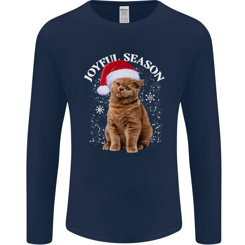 Joyful Season Christmas Funny Cat Xmas Mens Long Sleeve T-Shirt Navy Blue