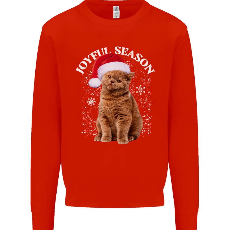 Joyful Season Christmas Funny Cat Xmas Mens Sweatshirt Jumper Bright Red