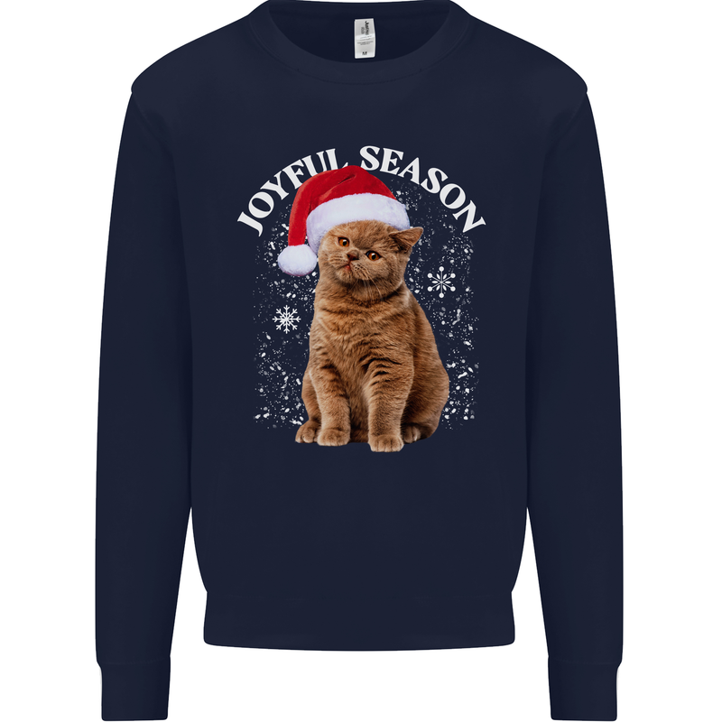 Joyful Season Christmas Funny Cat Xmas Mens Sweatshirt Jumper Navy Blue