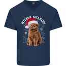 Joyful Season Christmas Funny Cat Xmas Mens V-Neck Cotton T-Shirt Navy Blue