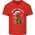 Joyful Season Christmas Funny Cat Xmas Mens V-Neck Cotton T-Shirt Red