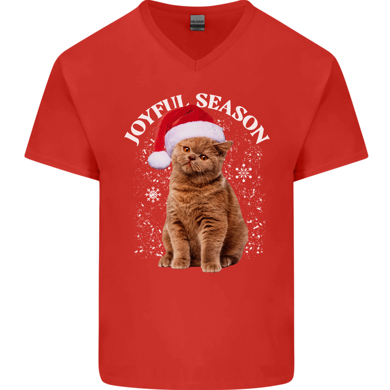 Joyful Season Christmas Funny Cat Xmas Mens V-Neck Cotton T-Shirt Red