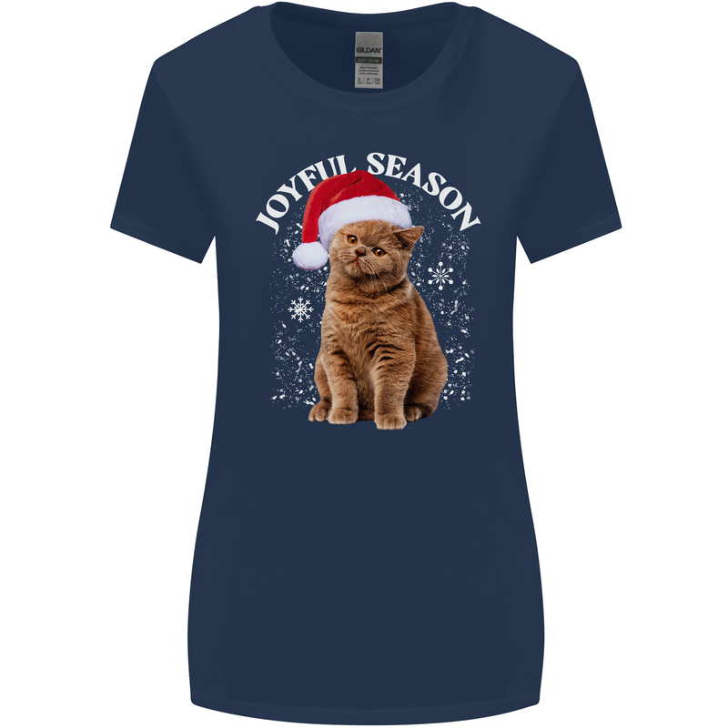 Joyful Season Christmas Funny Cat Xmas Womens Wider Cut T-Shirt Navy Blue
