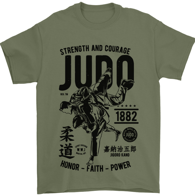 Judo Strength and Courage Martial Arts MMA Mens T-Shirt Cotton Gildan Military Green