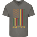 Juneteenth Emancipation Day USA Flag Mens V-Neck Cotton T-Shirt Charcoal