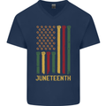 Juneteenth Emancipation Day USA Flag Mens V-Neck Cotton T-Shirt Navy Blue