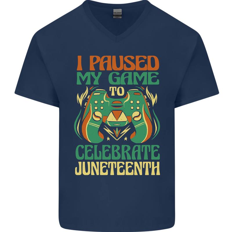 Juneteenth Gamer Gaming Video Games Mens V-Neck Cotton T-Shirt Navy Blue