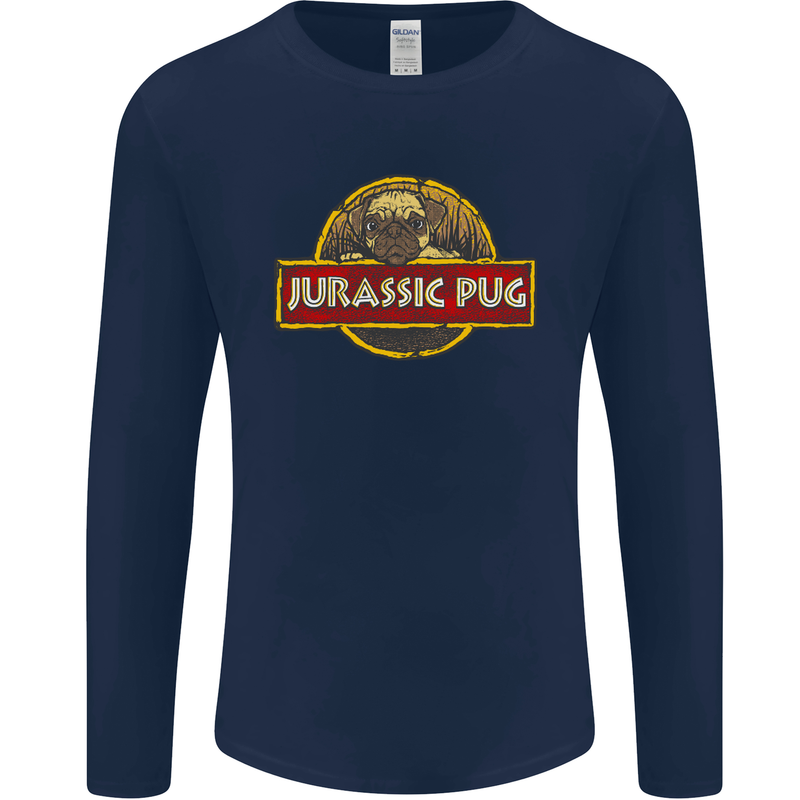 Jurassic Pug Funny Dog Movie Parody Mens Long Sleeve T-Shirt Navy Blue