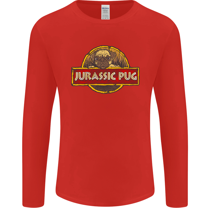 Jurassic Pug Funny Dog Movie Parody Mens Long Sleeve T-Shirt Red