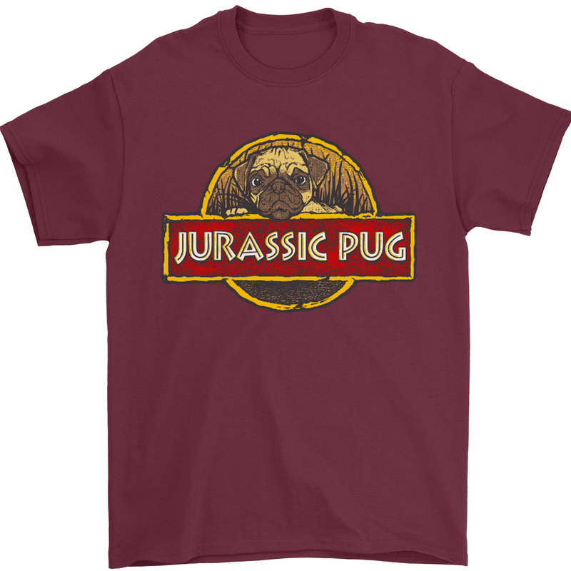 Jurassic Pug Funny Dog Movie Parody Mens T-Shirt Cotton Gildan Maroon