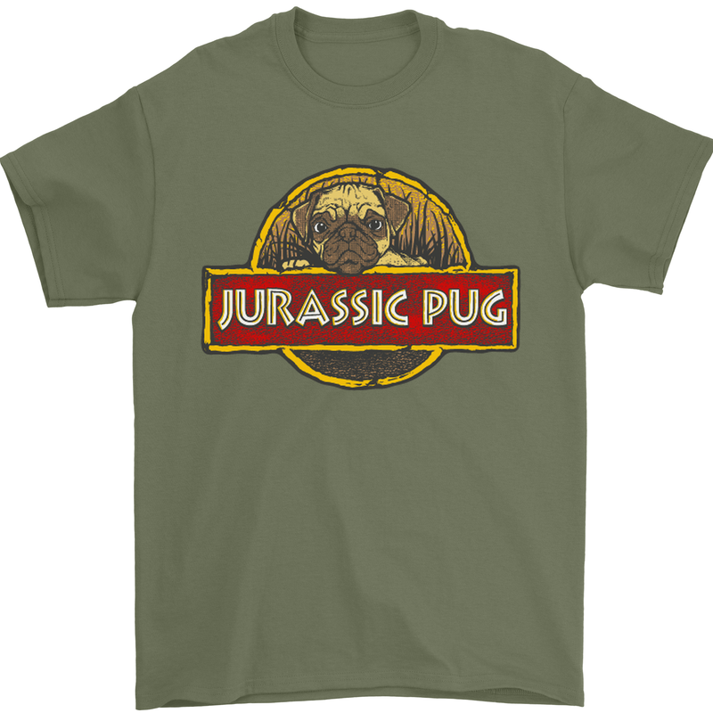 Jurassic Pug Funny Dog Movie Parody Mens T-Shirt Cotton Gildan Military Green