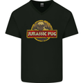 Jurassic Pug Funny Dog Movie Parody Mens V-Neck Cotton T-Shirt Black