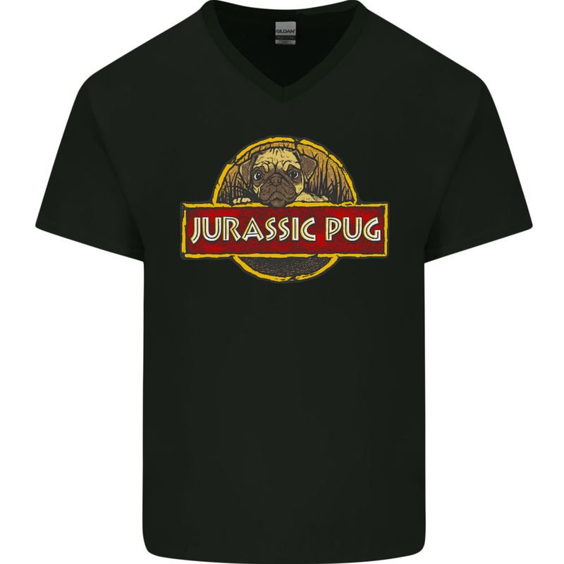 Jurassic Pug Funny Dog Movie Parody Mens V-Neck Cotton T-Shirt Black