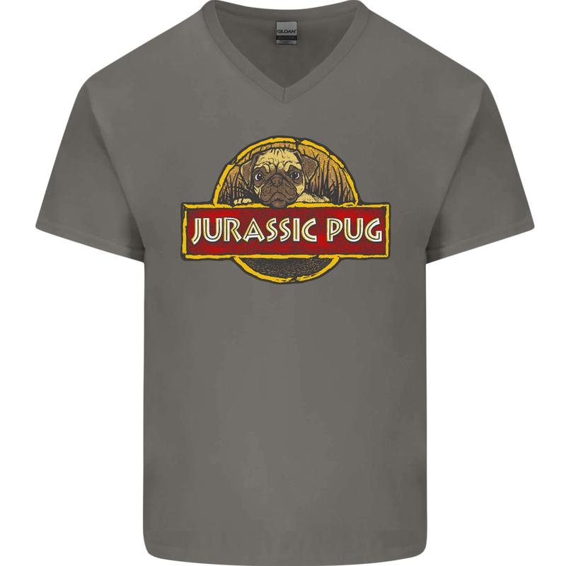 Jurassic Pug Funny Dog Movie Parody Mens V-Neck Cotton T-Shirt Charcoal