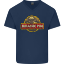 Jurassic Pug Funny Dog Movie Parody Mens V-Neck Cotton T-Shirt Navy Blue