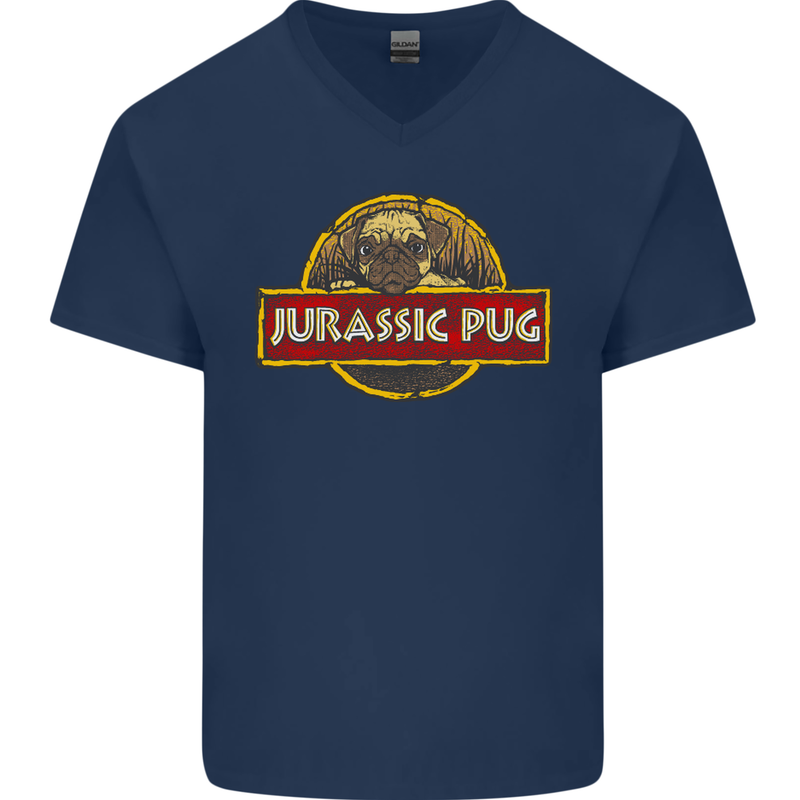 Jurassic Pug Funny Dog Movie Parody Mens V-Neck Cotton T-Shirt Navy Blue