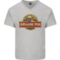 Jurassic Pug Funny Dog Movie Parody Mens V-Neck Cotton T-Shirt Sports Grey
