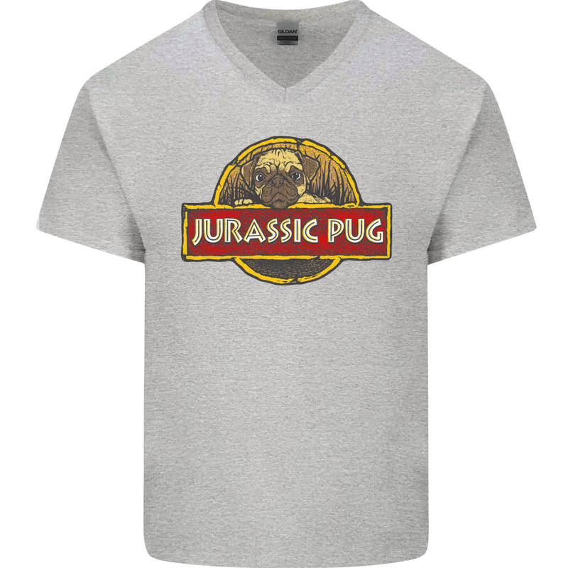 Jurassic Pug Funny Dog Movie Parody Mens V-Neck Cotton T-Shirt Sports Grey