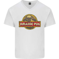 Jurassic Pug Funny Dog Movie Parody Mens V-Neck Cotton T-Shirt White