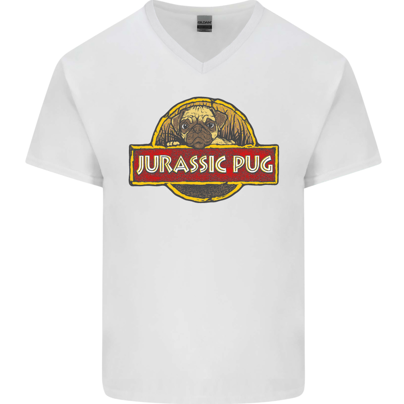 Jurassic Pug Funny Dog Movie Parody Mens V-Neck Cotton T-Shirt White