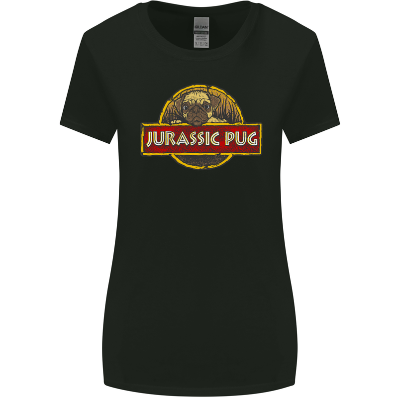 Jurassic Pug Funny Dog Movie Parody Womens Wider Cut T-Shirt Black
