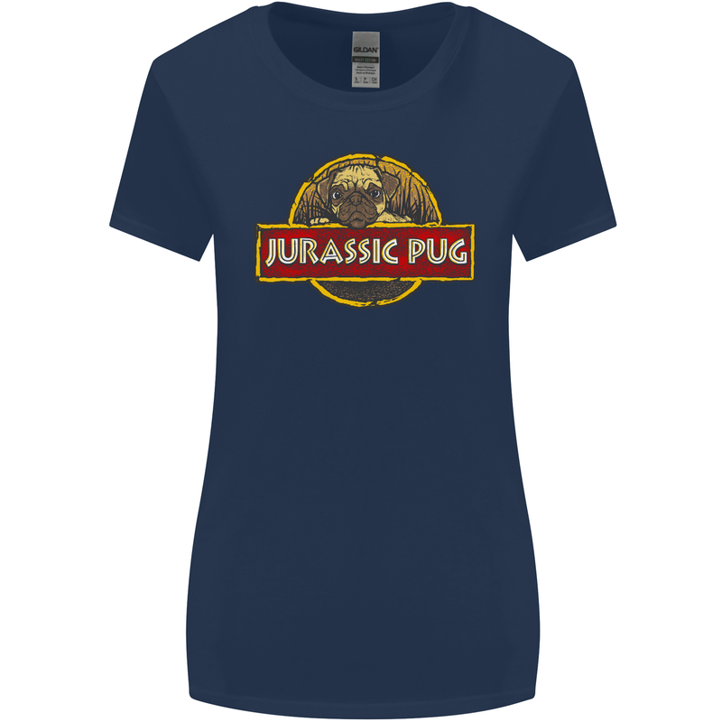 Jurassic Pug Funny Dog Movie Parody Womens Wider Cut T-Shirt Navy Blue