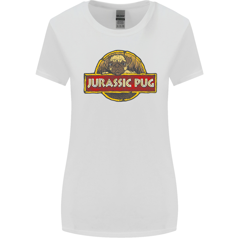 Jurassic Pug Funny Dog Movie Parody Womens Wider Cut T-Shirt White