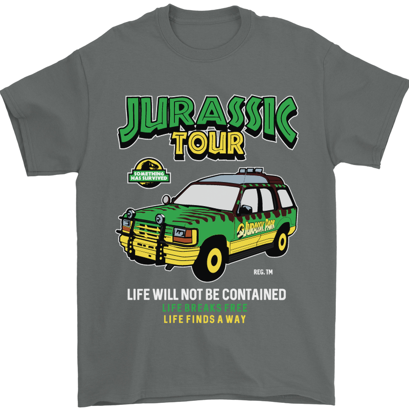 Jurassic Tour Funny Dinosaur T-Rex Mens T-Shirt Cotton Gildan Charcoal
