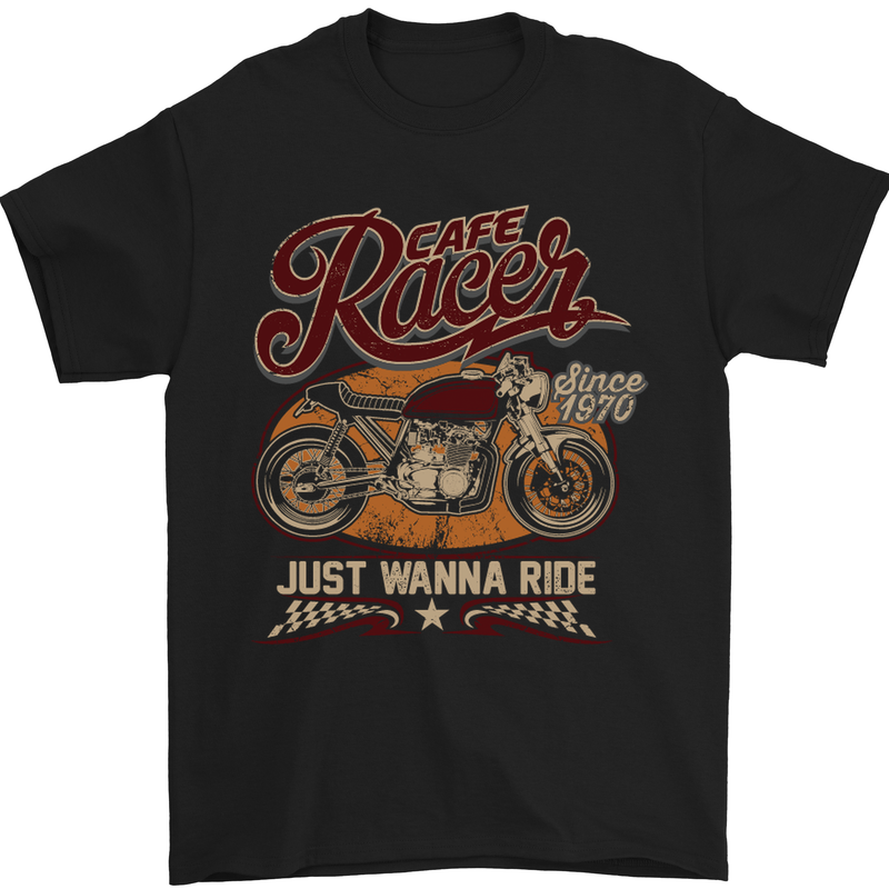 Just Wanna Ride Cafe Racer Motorbike Biker Mens T-Shirt Cotton Gildan Black