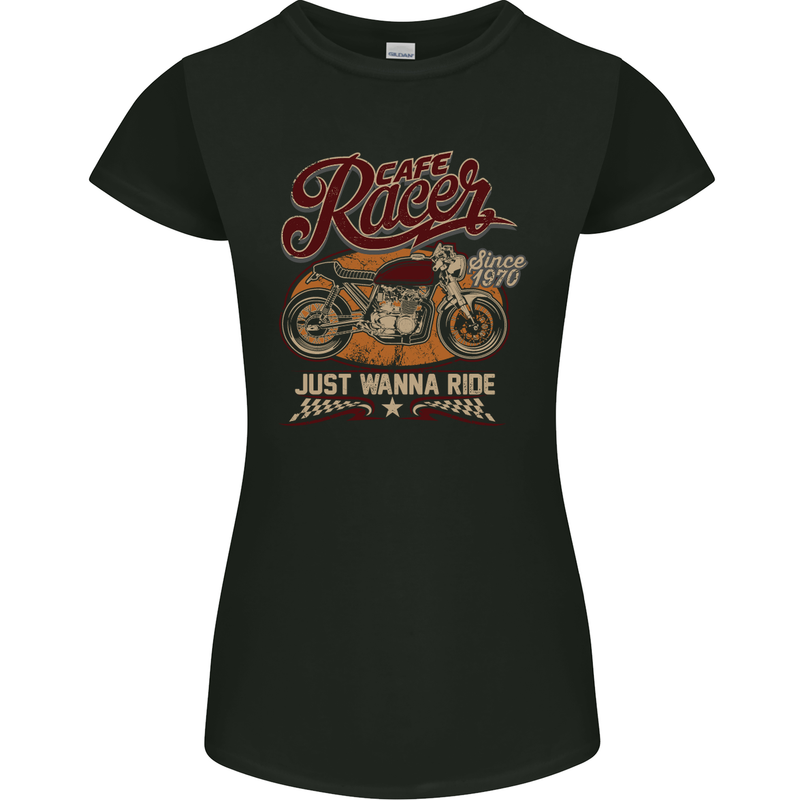 Just Wanna Ride Cafe Racer Motorbike Biker Womens Petite Cut T-Shirt Black
