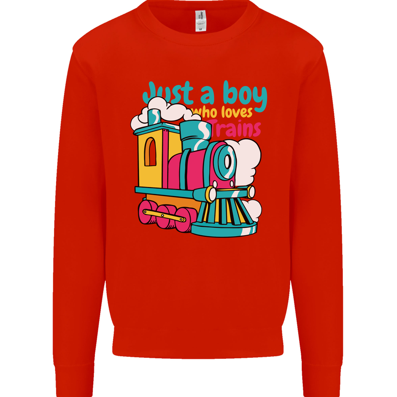Just a Boy Who Loves Trains Spotter Engine Kids Sweatshirt Jumper Bright Red
