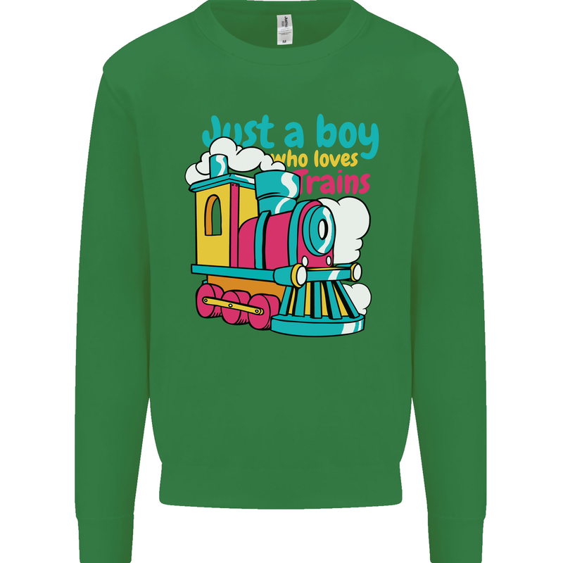 Just a Boy Who Loves Trains Spotter Engine Kids Sweatshirt Jumper Irish Green