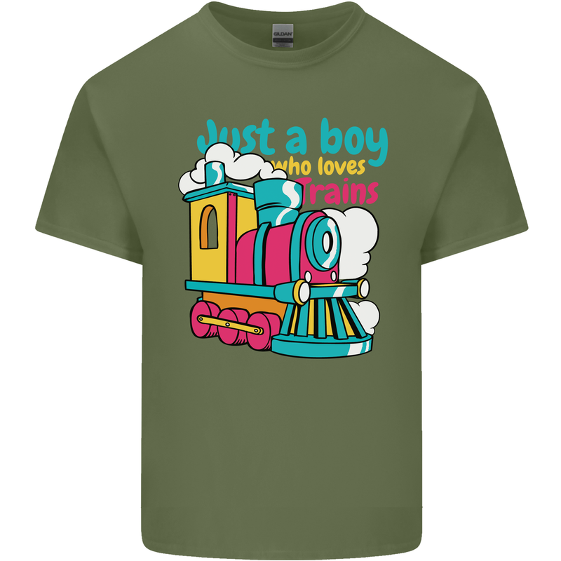 Just a Boy Who Loves Trains Spotter Engine Mens Cotton T-Shirt Tee Top Military Green