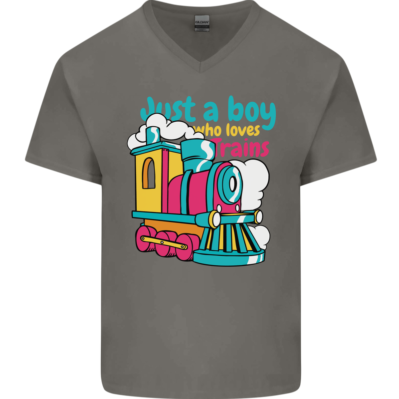 Just a Boy Who Loves Trains Spotter Engine Mens V-Neck Cotton T-Shirt Charcoal