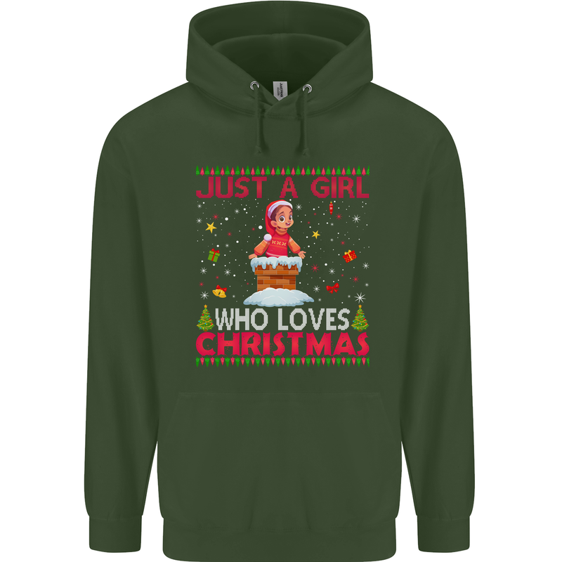 Just a Girl Who Loves Christmas Funny Childrens Kids Hoodie Forest Green