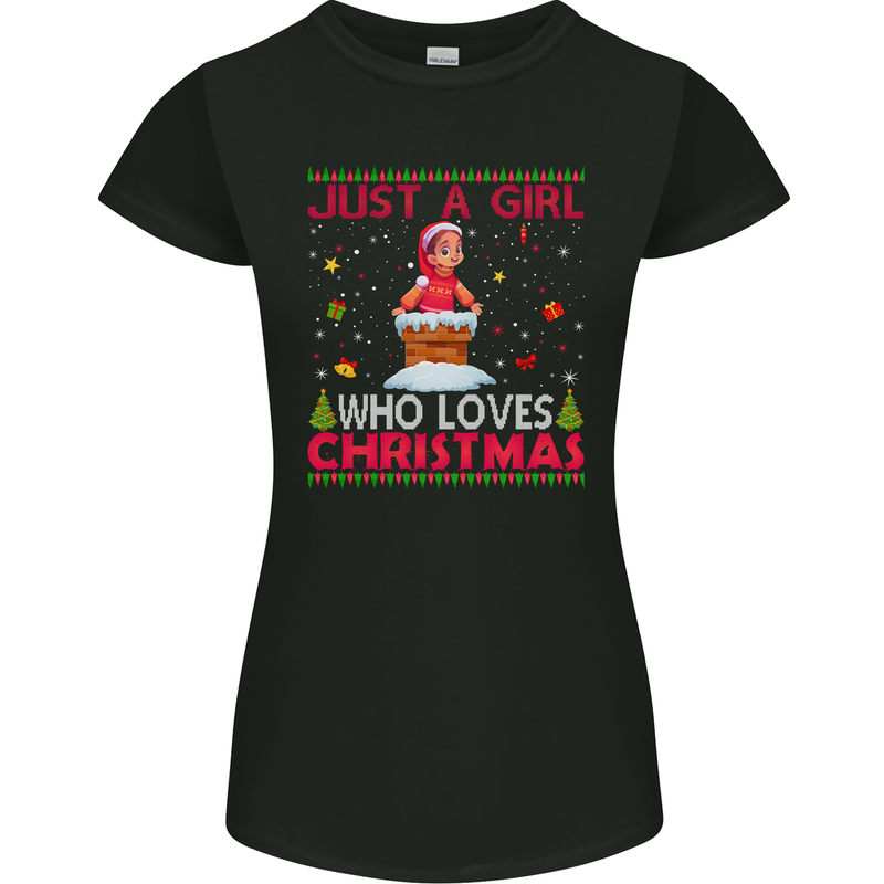 Just a Girl Who Loves Christmas Funny Womens Petite Cut T-Shirt Black