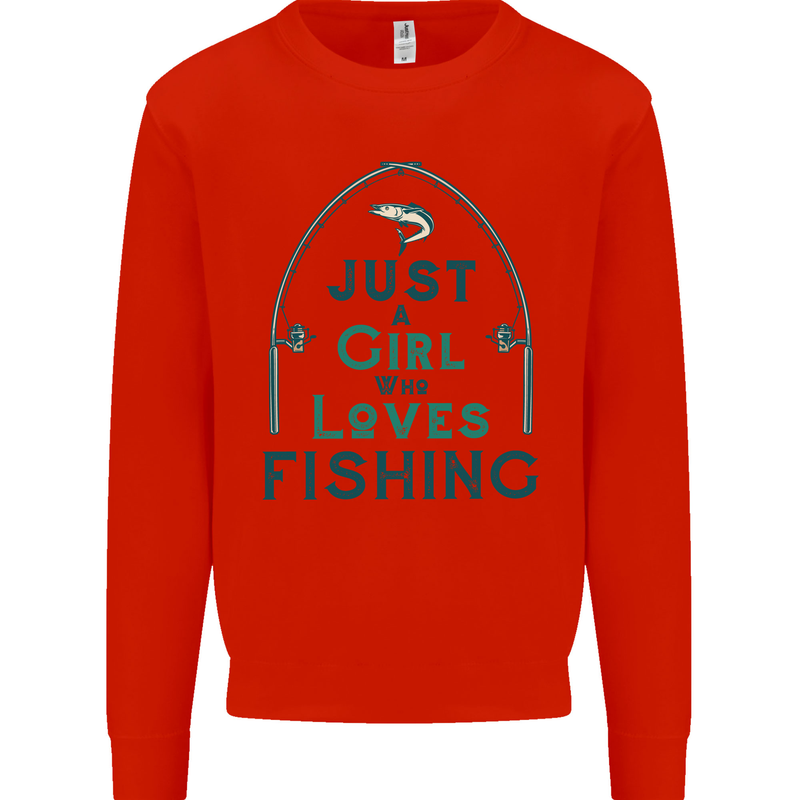 Just a Girl Who Loves Fishing Fisherwoman Kids Sweatshirt Jumper Bright Red