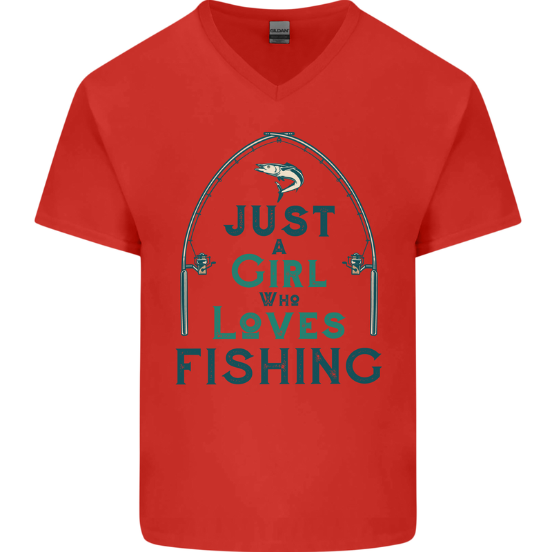 Just a Girl Who Loves Fishing Fisherwoman Mens V-Neck Cotton T-Shirt Red