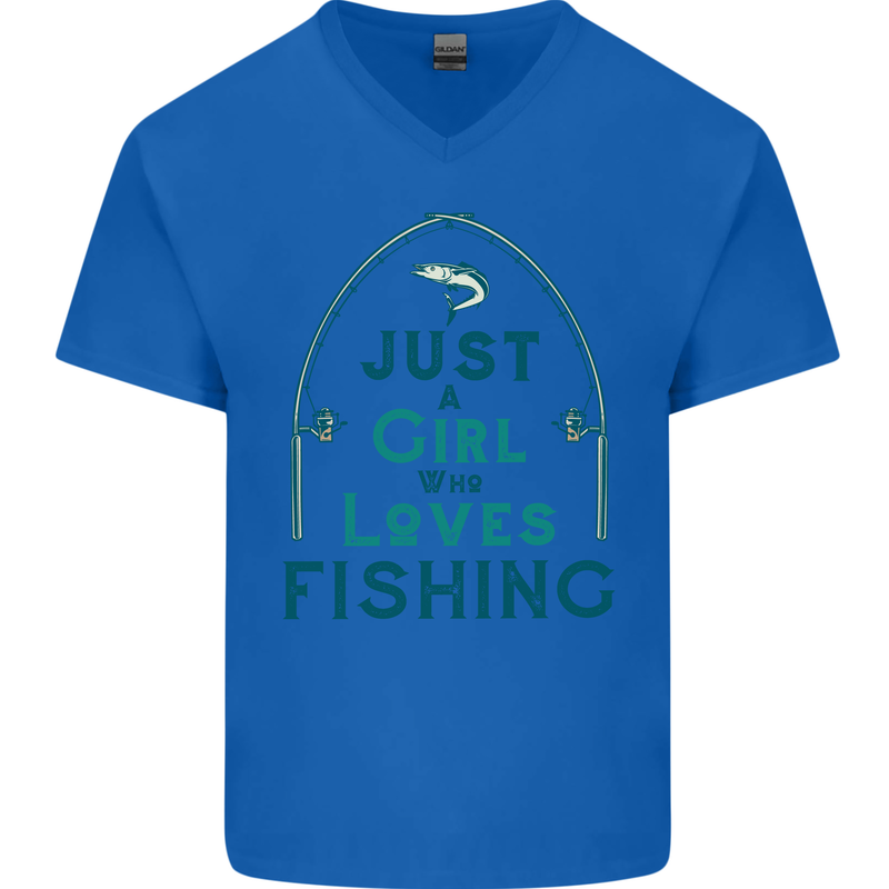 Just a Girl Who Loves Fishing Fisherwoman Mens V-Neck Cotton T-Shirt Royal Blue