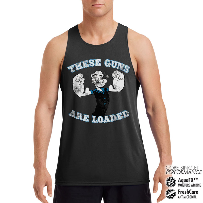 Popeye these guns are loaded mens black vest cartoon character training bodybuilding