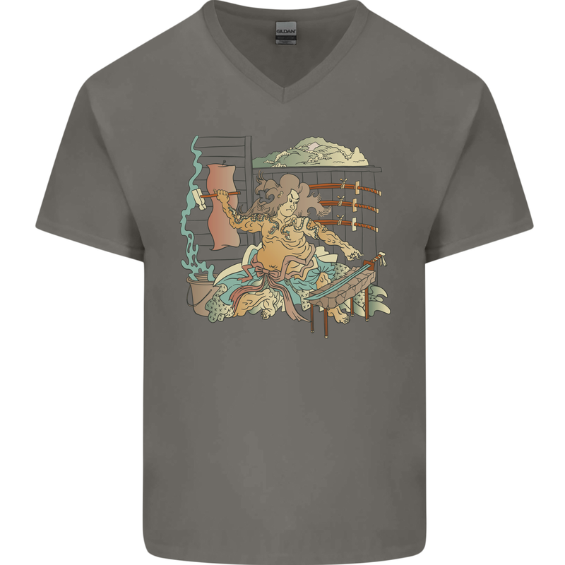 Katana Blacksmith Japanese Samurai Sword Mens V-Neck Cotton T-Shirt Charcoal