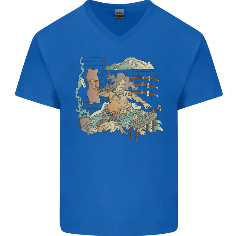 Katana Blacksmith Japanese Samurai Sword Mens V-Neck Cotton T-Shirt Royal Blue
