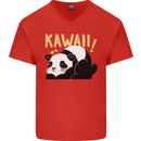 Kawaii Panda Bear Cute Mens V-Neck Cotton T-Shirt Red