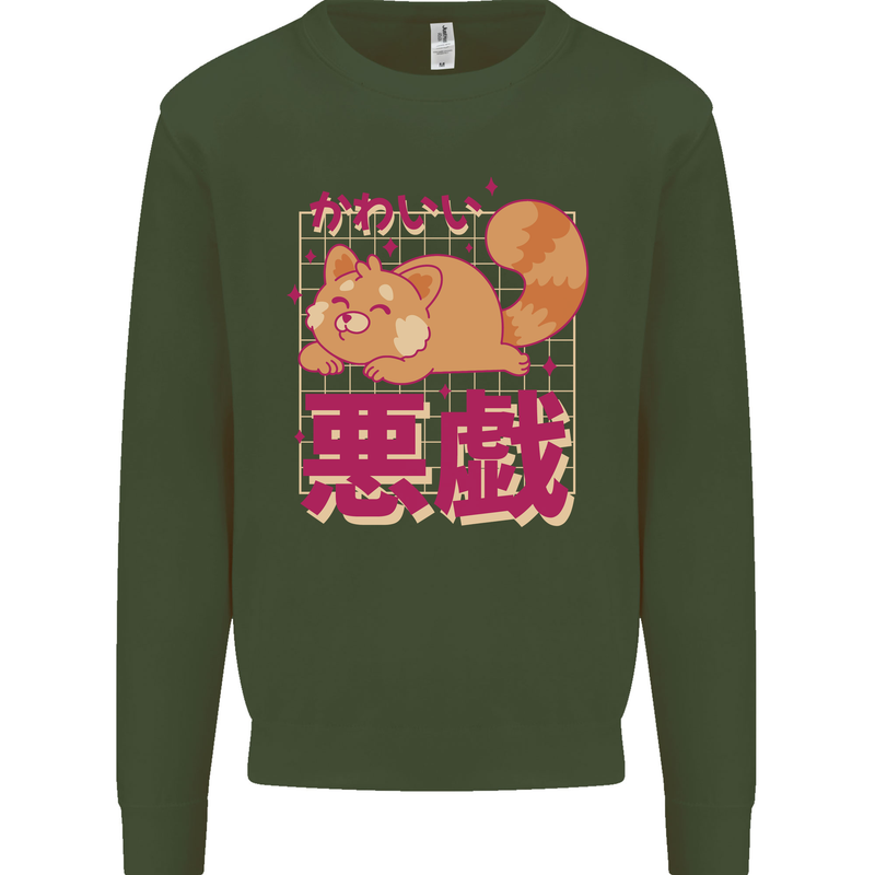 Kawaii Red Panda Japanese Cute Kids Sweatshirt Jumper Forest Green