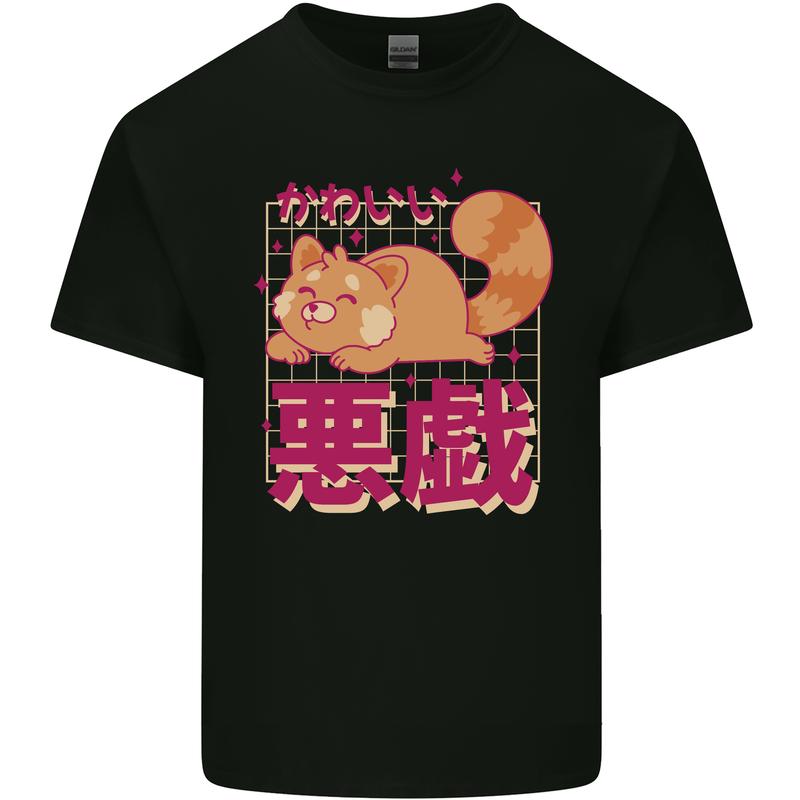 Kawaii Red Panda Japanese Cute Mens Cotton T-Shirt Tee Top Black