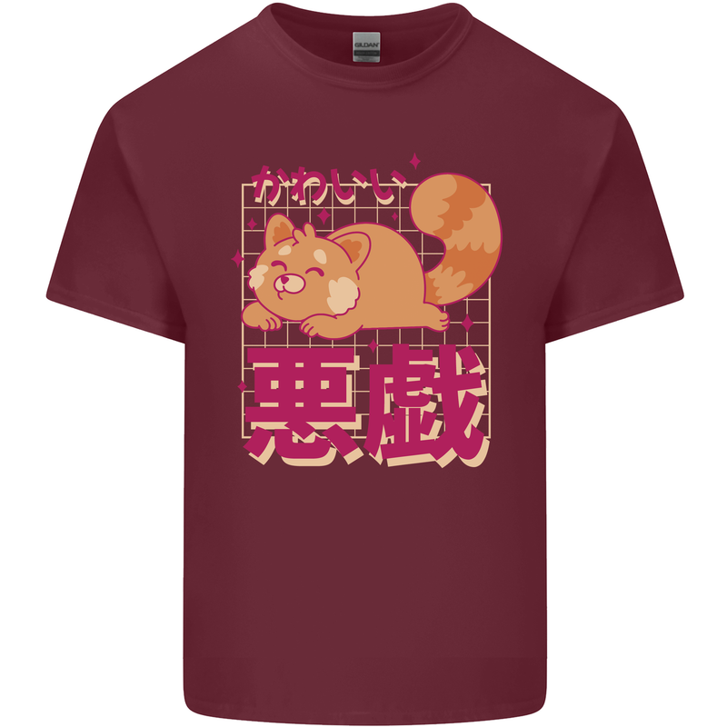 Kawaii Red Panda Japanese Cute Mens Cotton T-Shirt Tee Top Maroon
