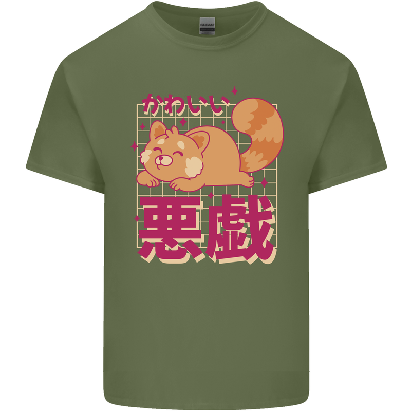 Kawaii Red Panda Japanese Cute Mens Cotton T-Shirt Tee Top Military Green