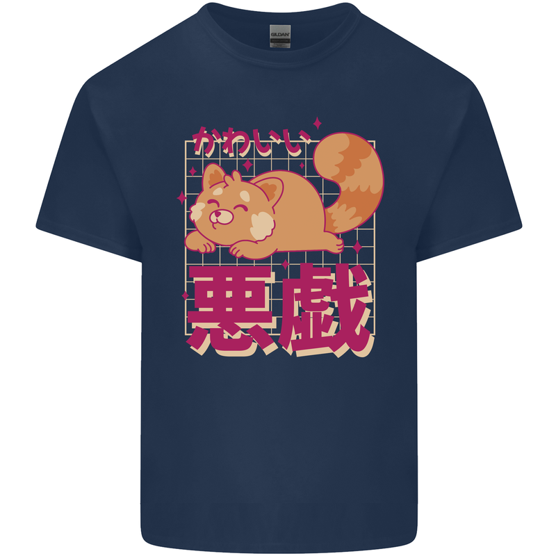 Kawaii Red Panda Japanese Cute Mens Cotton T-Shirt Tee Top Navy Blue